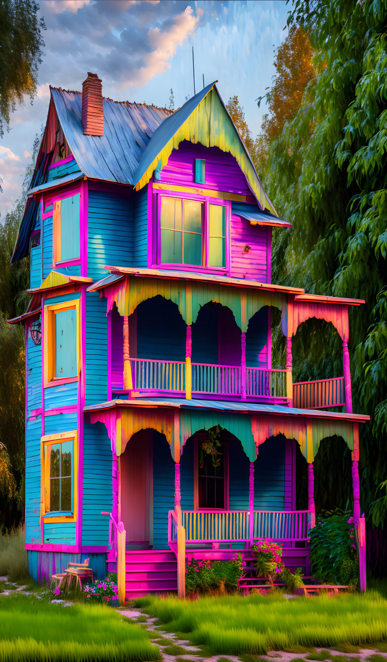 Colorful Two-Story House with Blue Roof Amid Sunset Sky