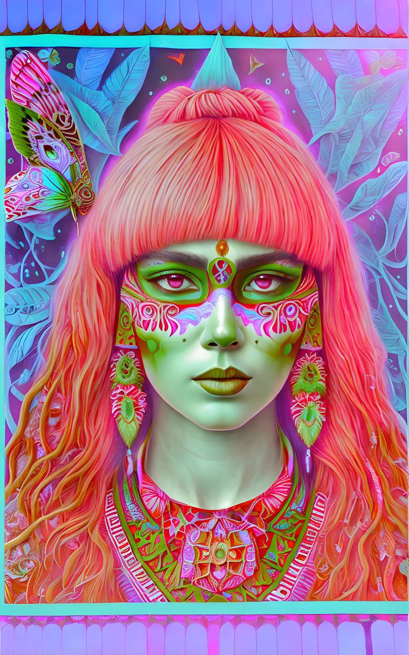 Colorful digital portrait of a person with neon pink hair and intricate face paint, wearing floral-patterned