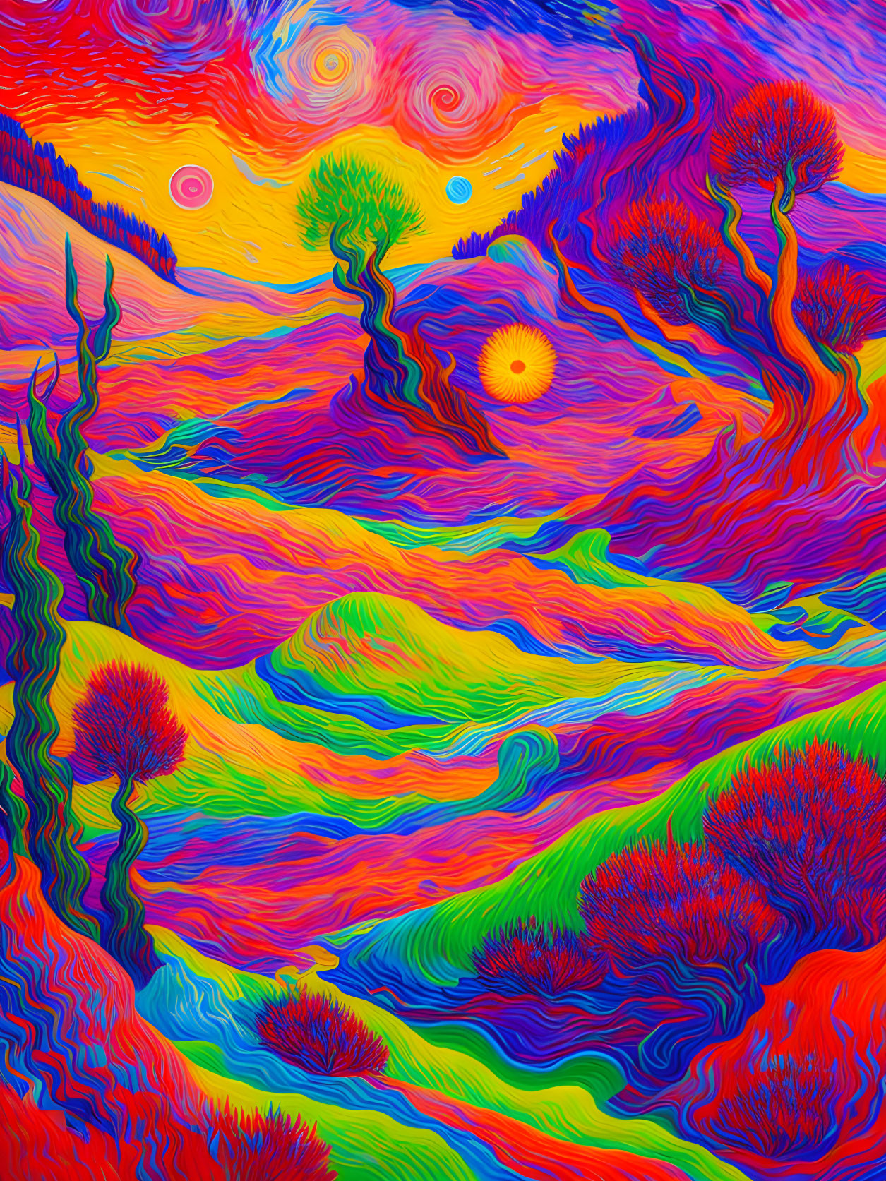 Colorful surreal landscape with swirling patterns and celestial elements