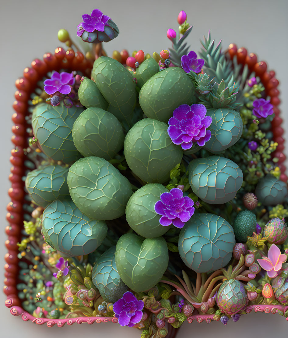 Patterned Green Eggs with Succulents and Flowers in Coral-like Border