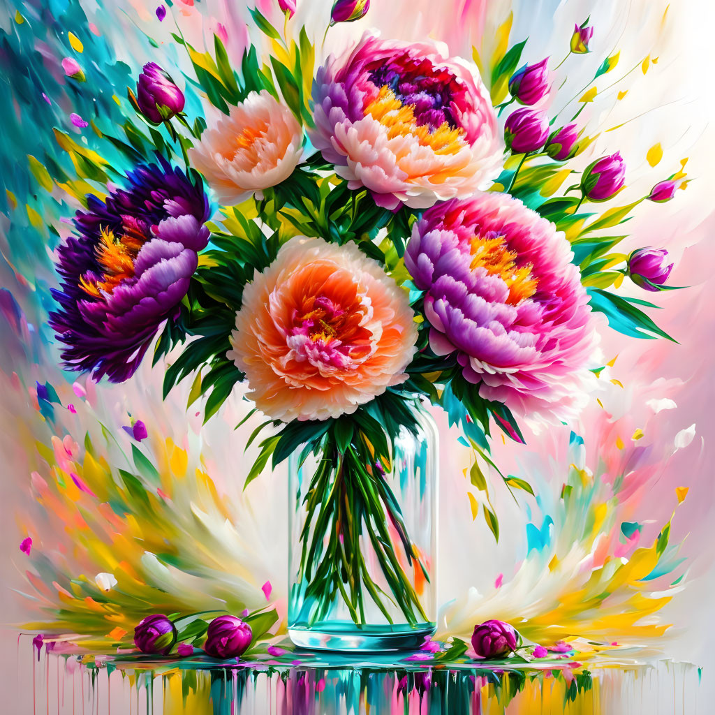 Colorful Peonies in Glass Vase with Dynamic Paint Splashes