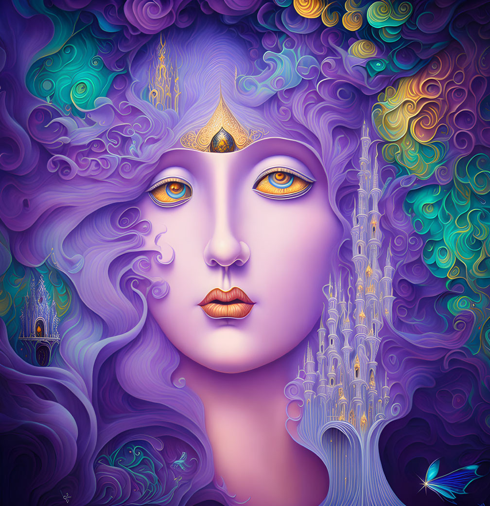 Colorful digital artwork: Mystical female face with purple hair in castle-filled landscape