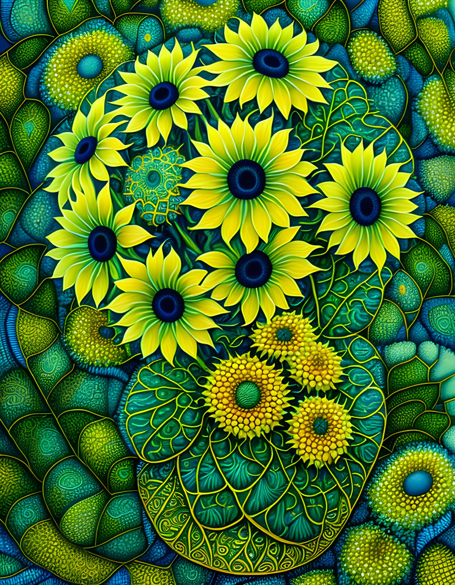 Circular Pattern of Sunflowers in Vibrant Digital Art