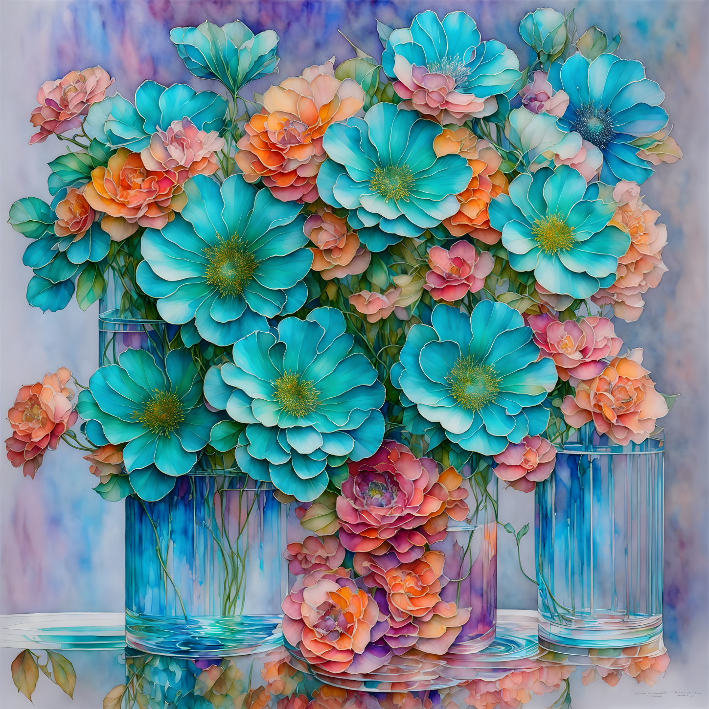 Colorful bouquet of blue and peach flowers in glass vases on vibrant background