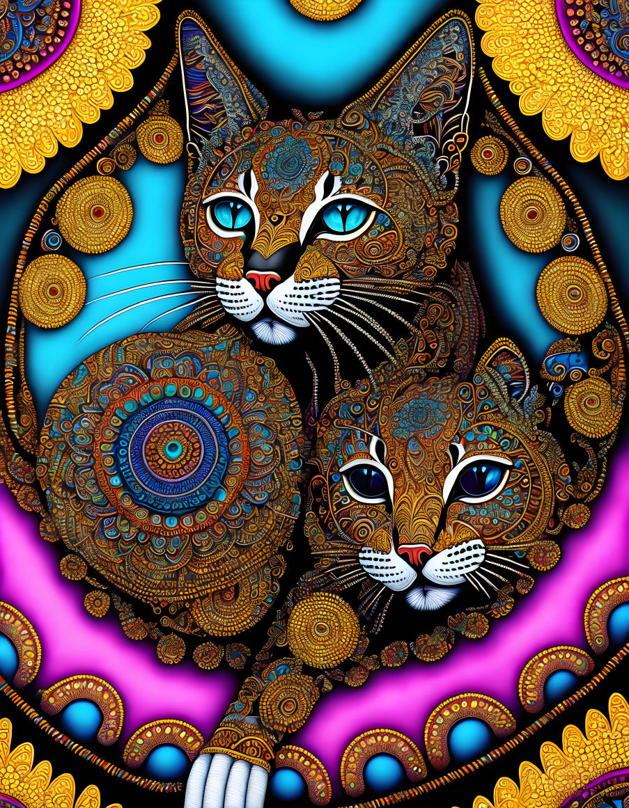 Intricate, colorful art of stylized cats with ornate patterns on vibrant background