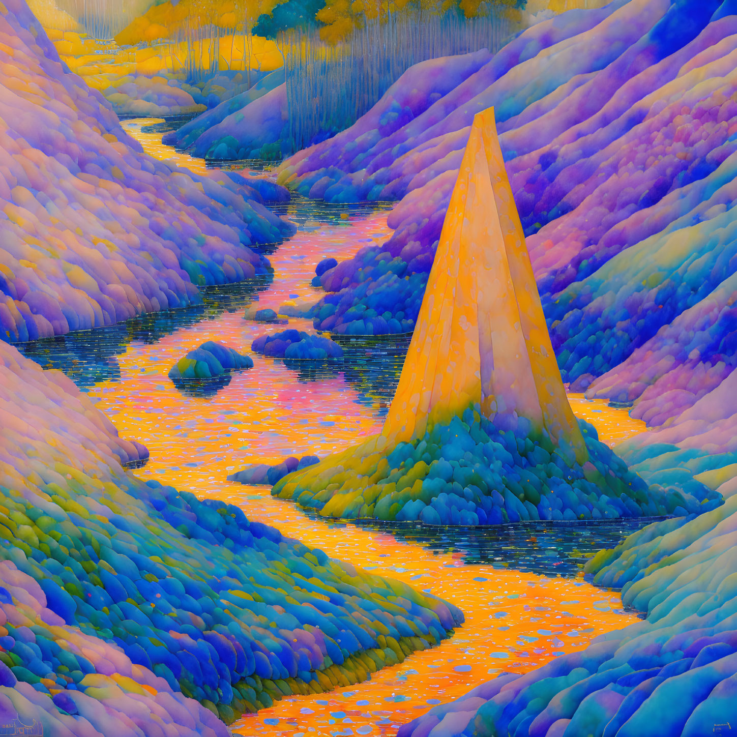 Colorful landscape painting with golden obelisk and flowing river