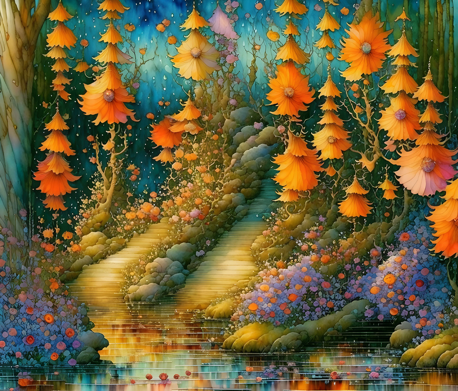 Colorful forest scene with golden-orange trees and lush flora reflected in water