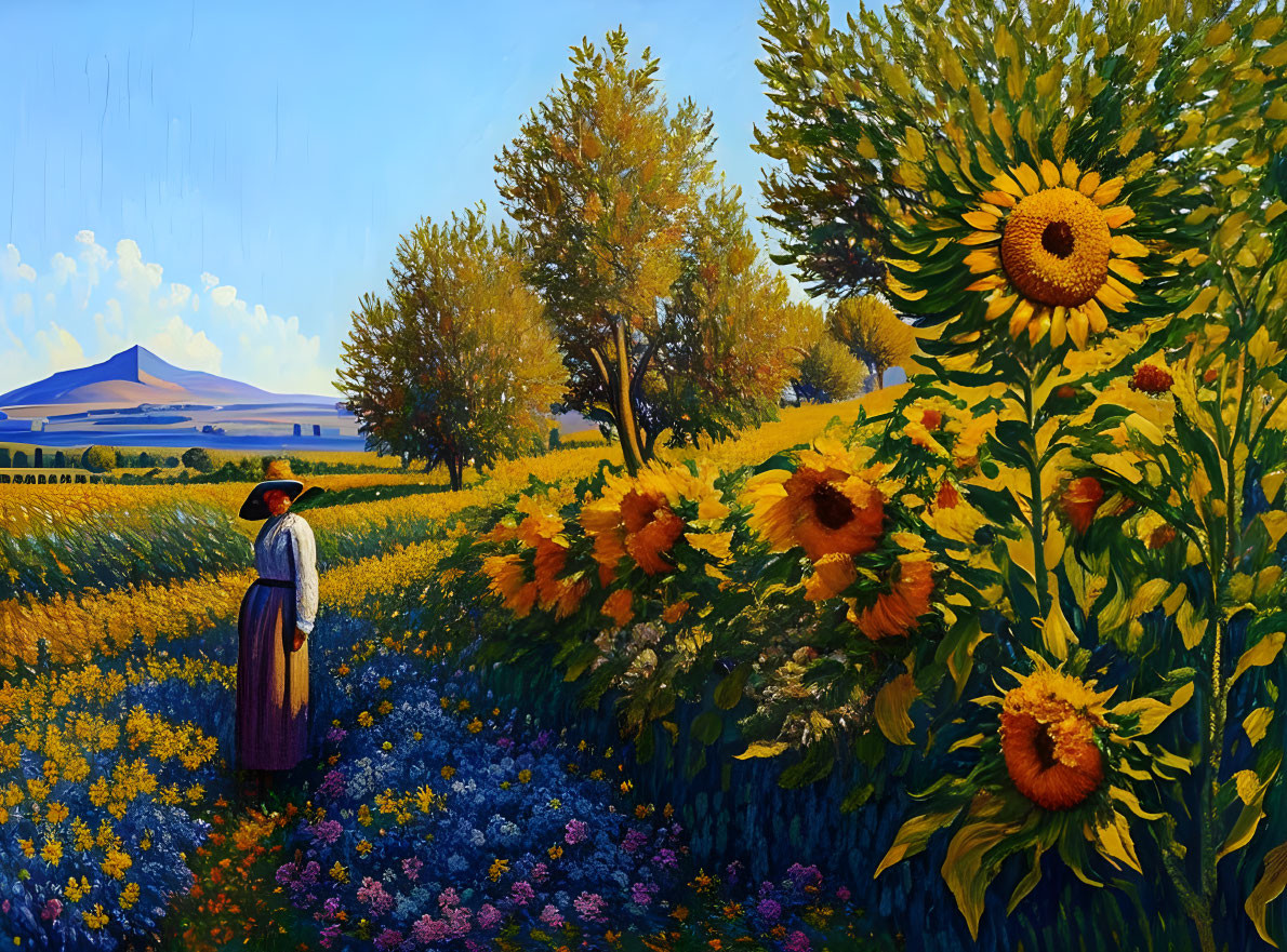 Person in Field of Sunflowers and Blue Flowers with Trees and Mountain in Background