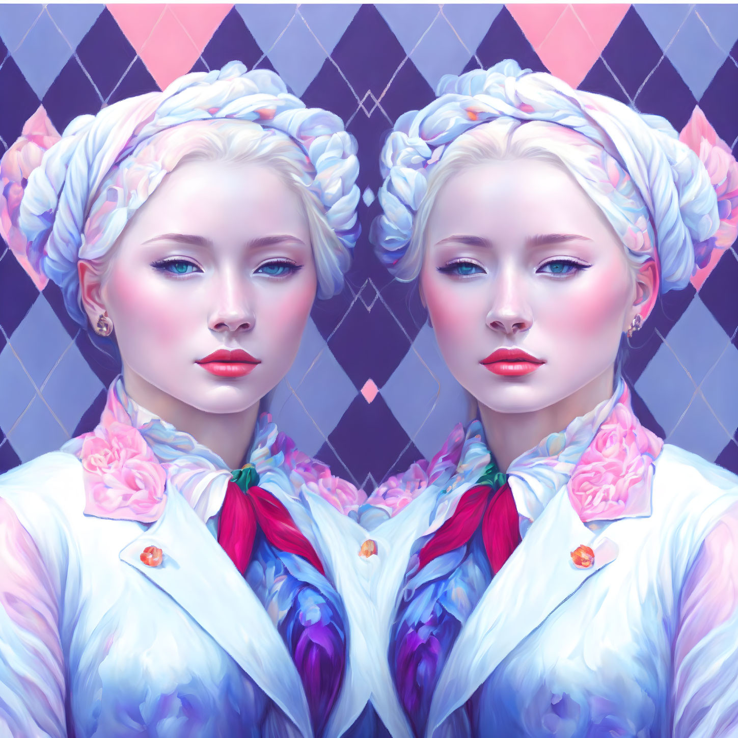 Identical figures with white braided hair in floral outfits on geometric backdrop