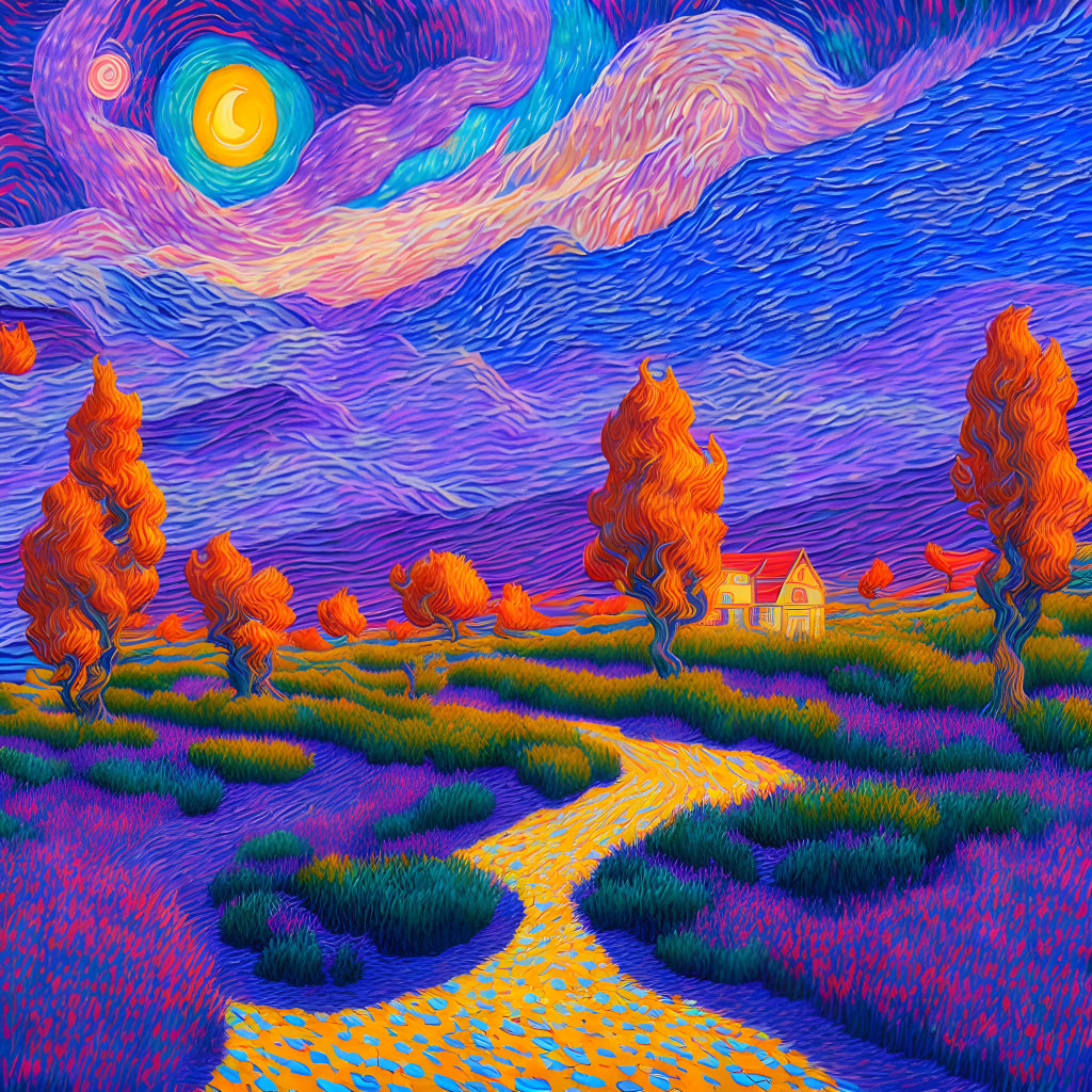 Colorful Van Gogh-style landscape with crescent moon, swirling skies, flame-like trees, winding