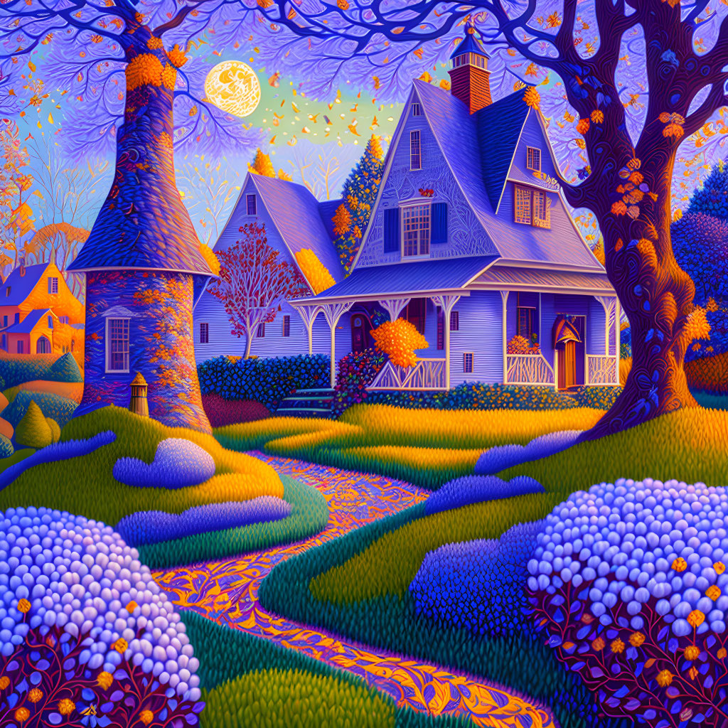 Colorful Whimsical Painting of Quaint House in Fantastical Landscape