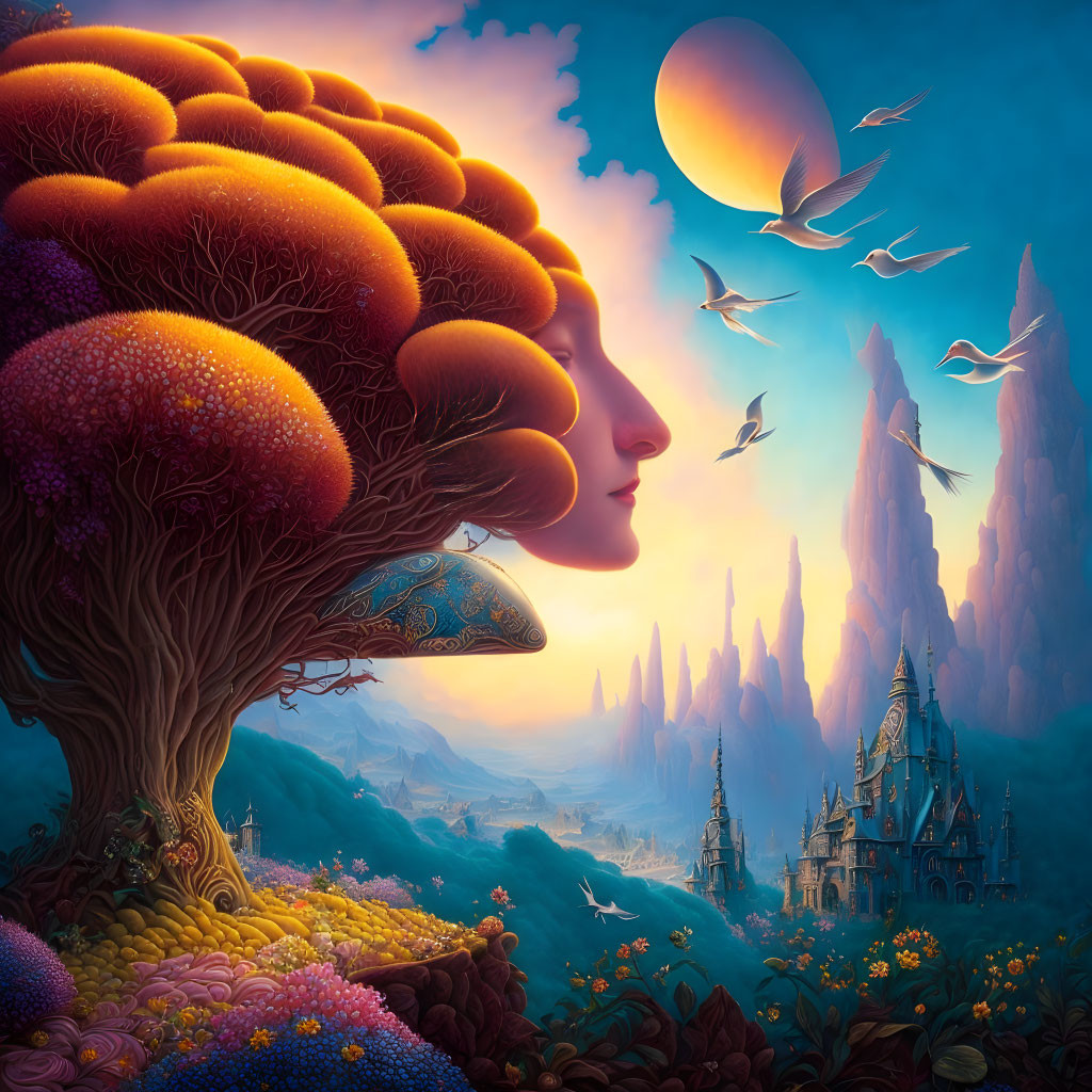 Surreal landscape with face-tree fusion, castle, colorful flora, and eclipsed sun