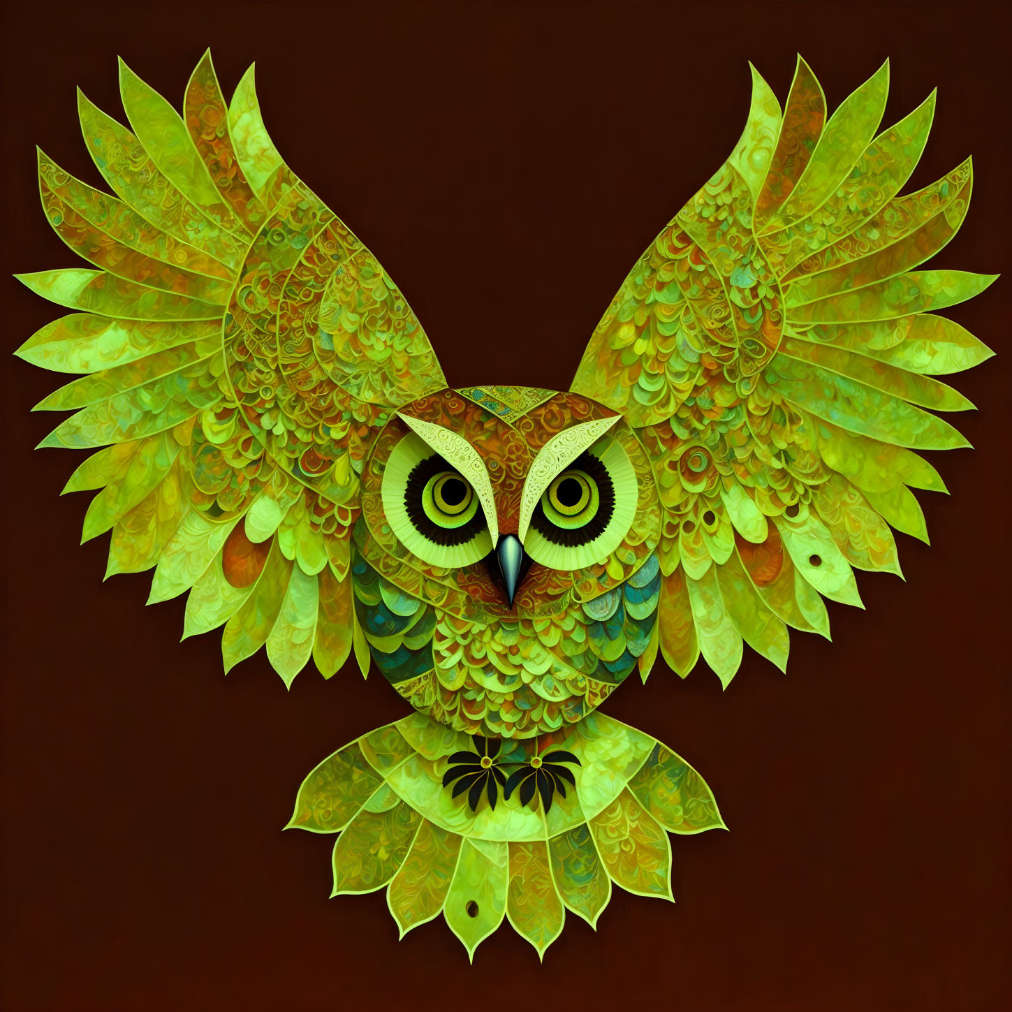 Colorful Owl Artwork with Green and Yellow Feathers on Dark Brown Background