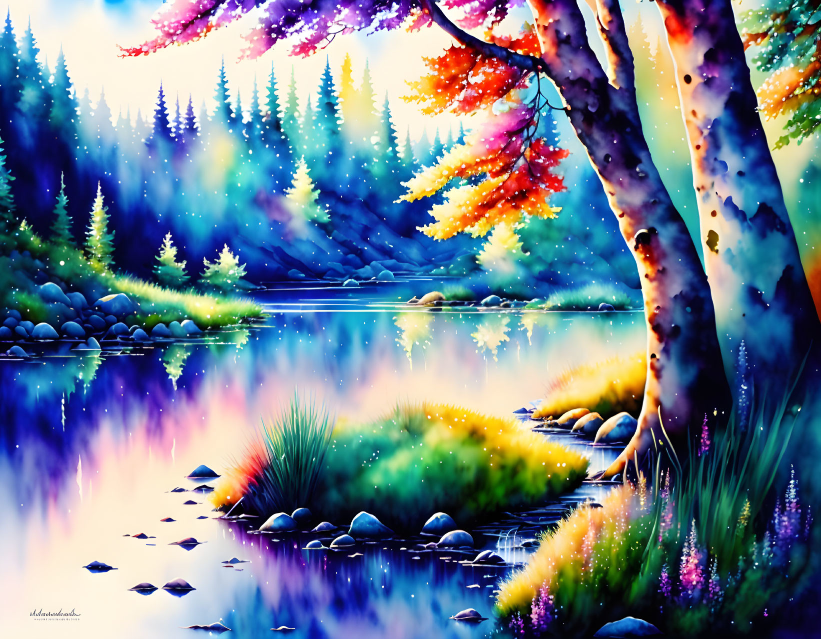 Tranquil river landscape with diverse foliage under magical light