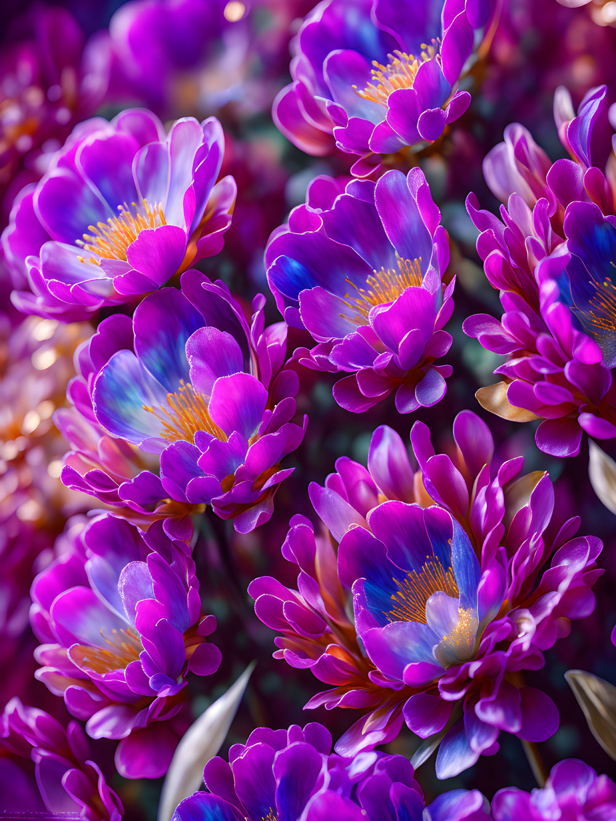 Colorful Cluster of Purple and Pink Flowers with Yellow Centers