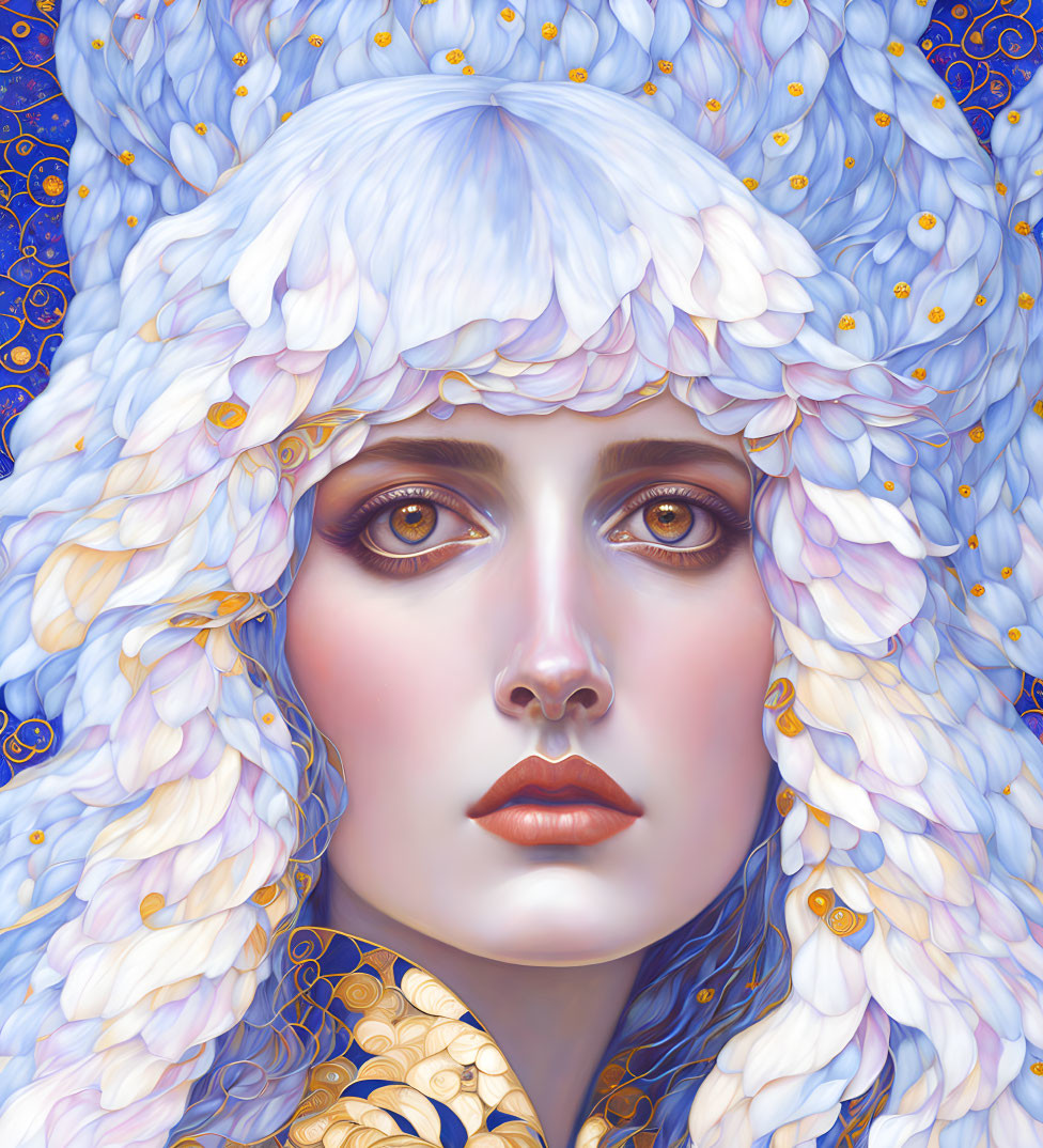 Stylized portrait of woman with blue and white floral hair and golden accents