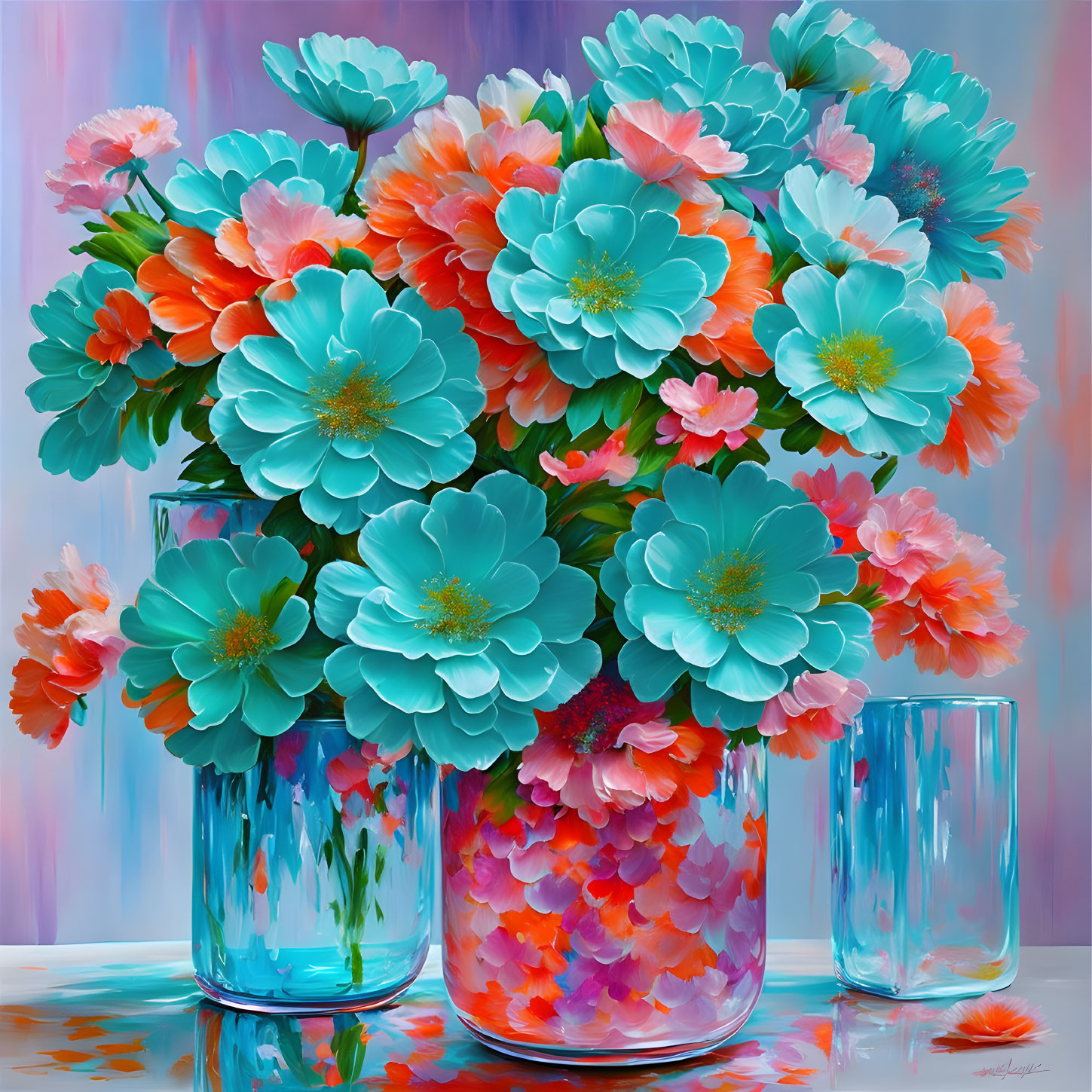 Colorful Teal and Orange Flower Bouquet in Glass Vase