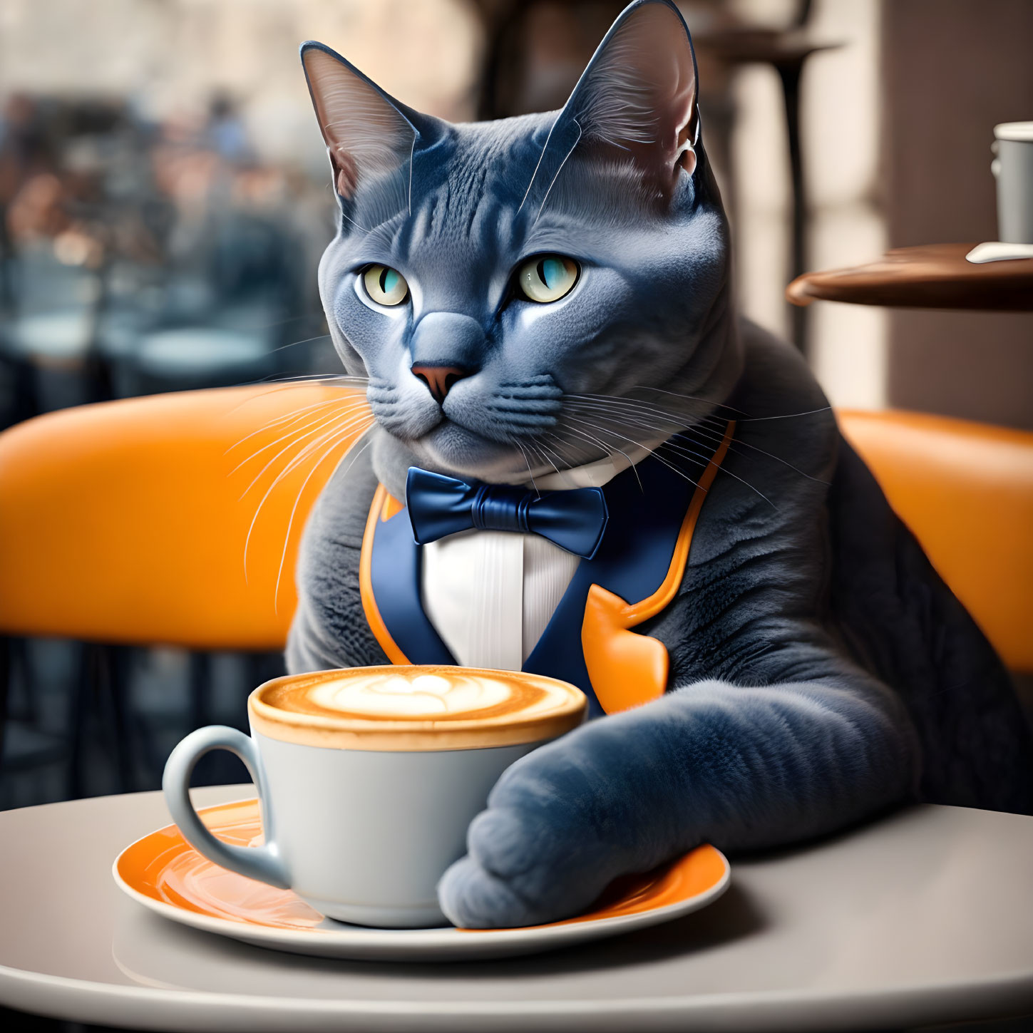 Gray cat with bow tie at cafe table with heart latte art cup