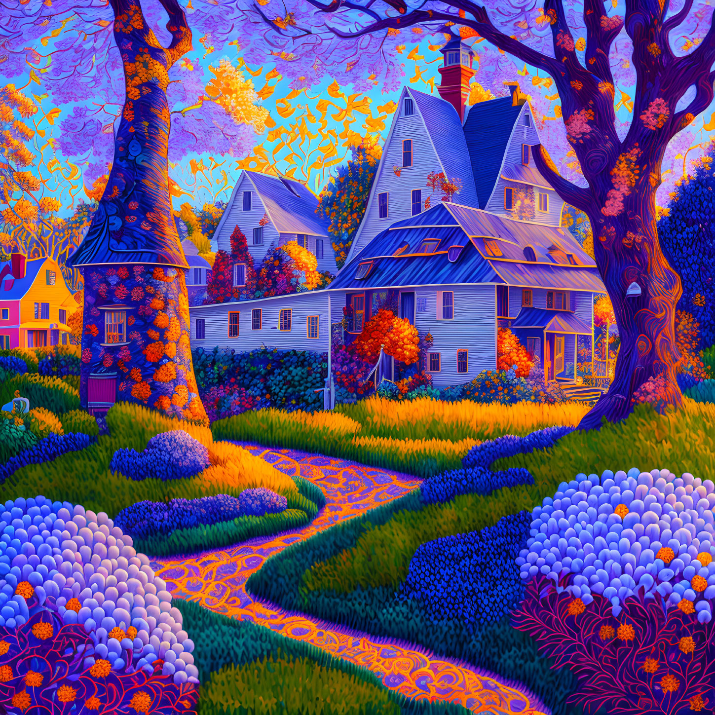 Colorful illustration: Whimsical village with lush gardens and sunset sky