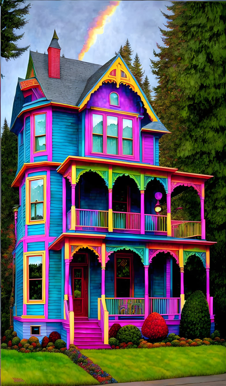 Victorian-style house with pink and blue hues and wrap-around porch in lush greenery