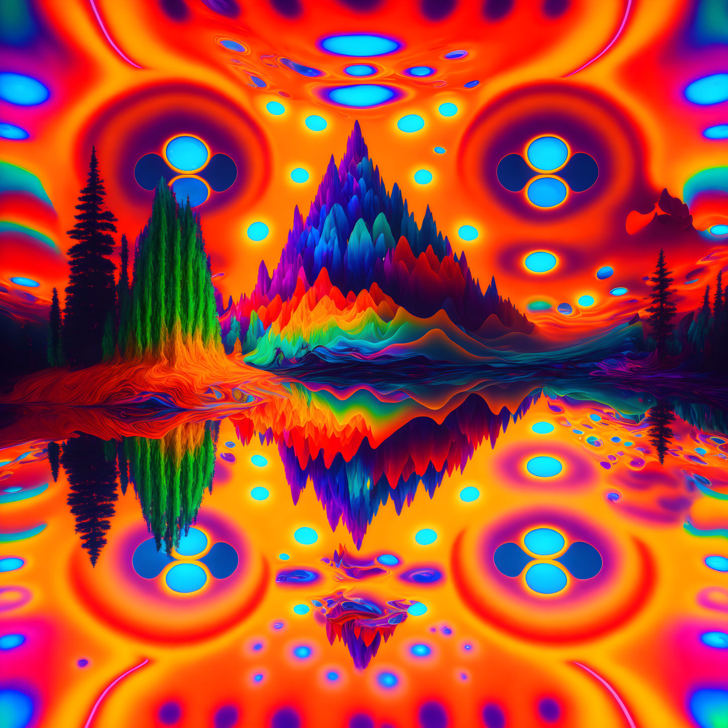 Colorful Mountain Reflected in Lake Amid Psychedelic Landscape