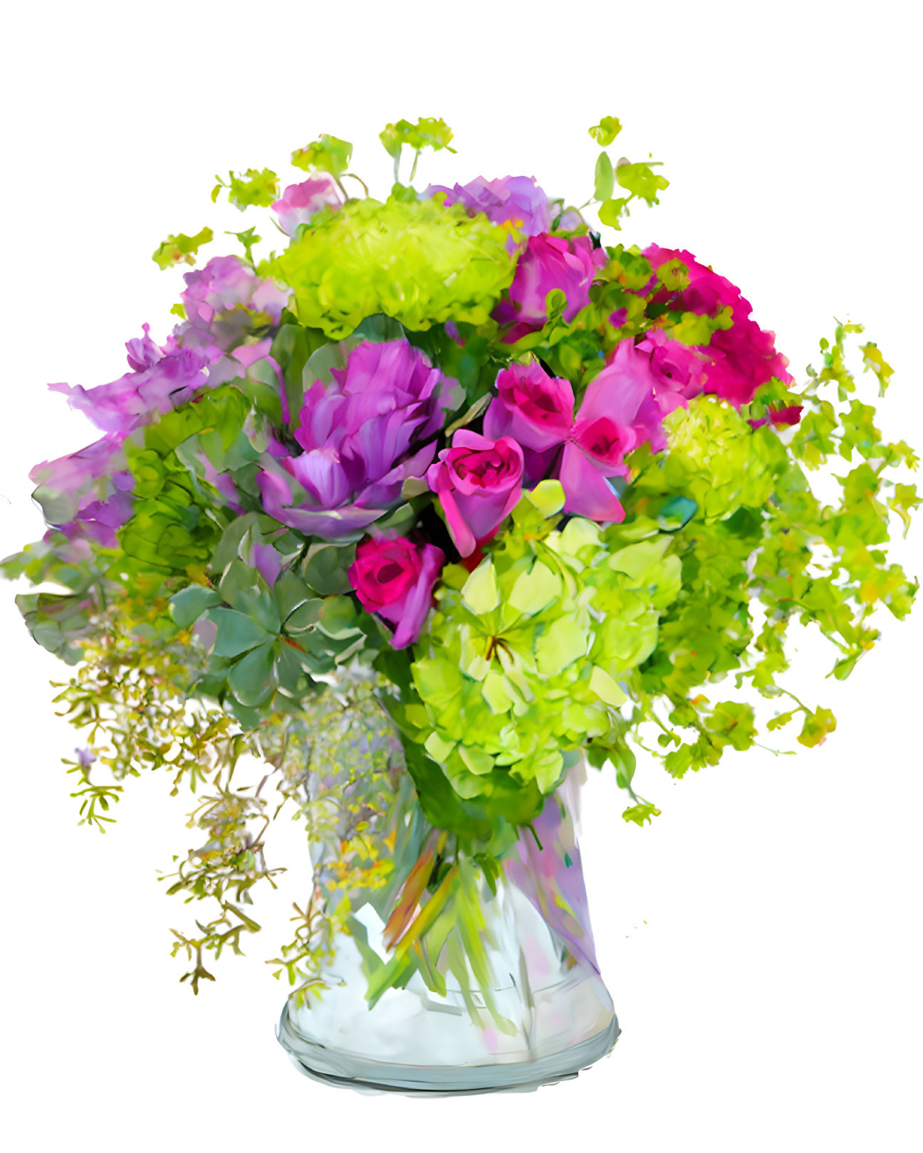 Colorful Floral Arrangement with Pink Roses, Purple Flowers, Greenery, and Succulents