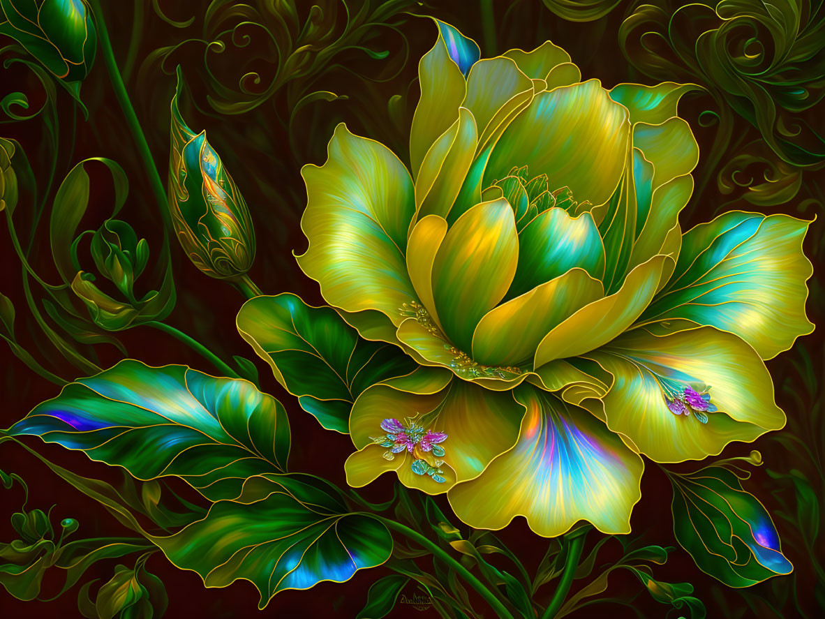 Iridescent green flower with blue leaves in digital art