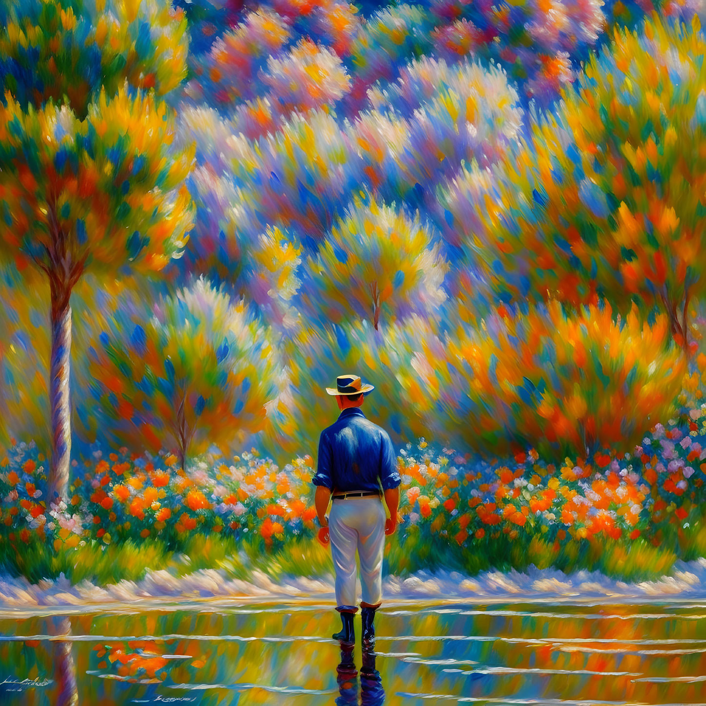 Person in Blue Shirt and Hat Surrounded by Vibrant Impressionistic Trees and Flowers