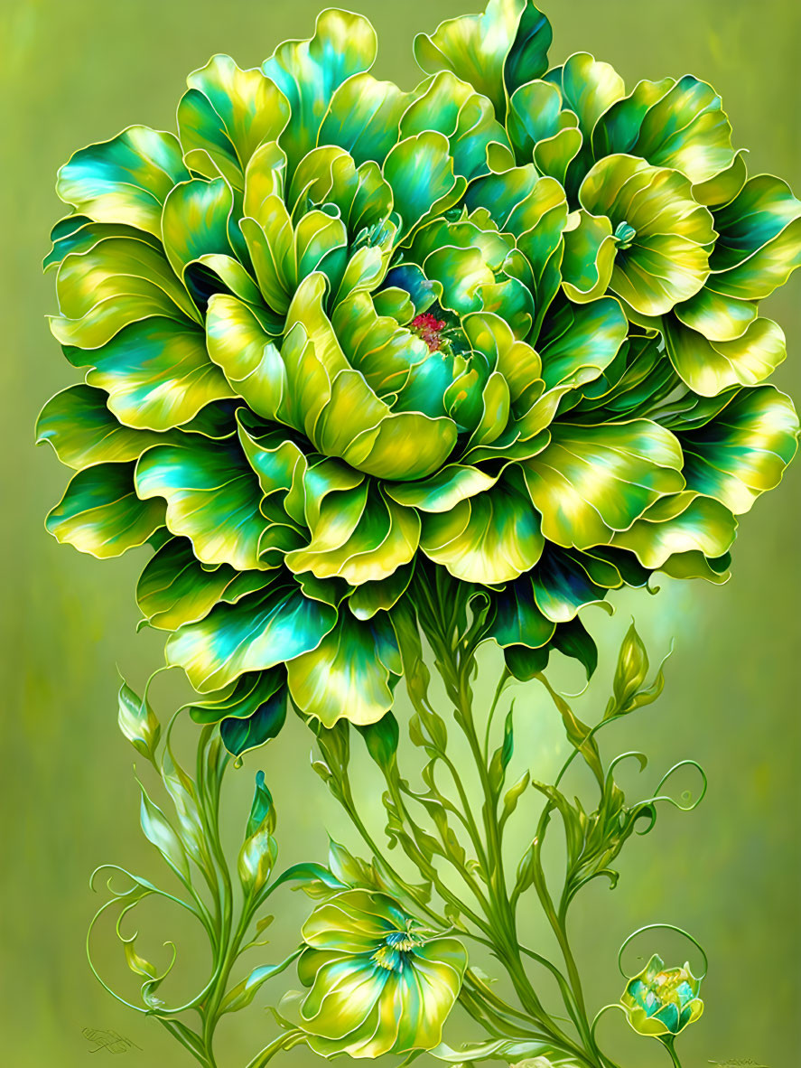 Vibrant digital painting of green flowers on soft green background