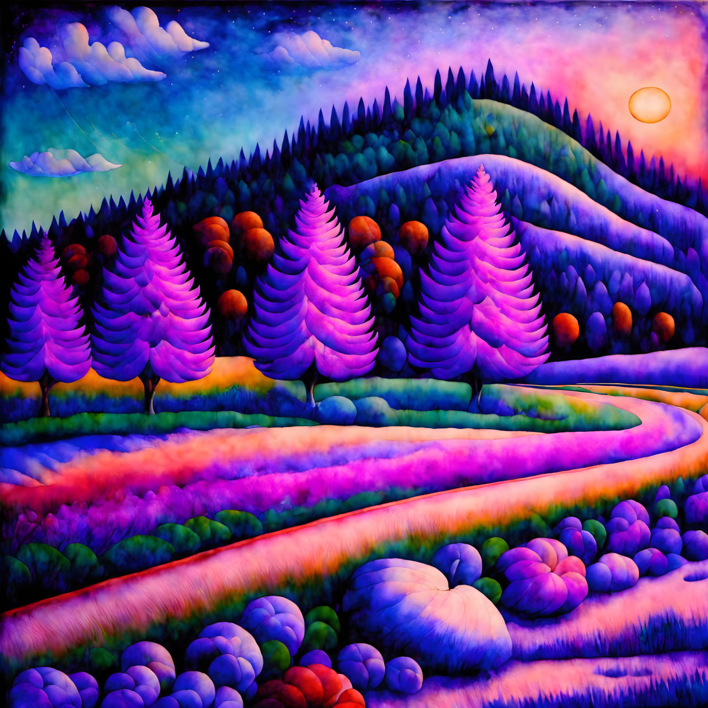 Vibrant purple trees, rolling hills, meandering path, orange sun in colorful landscape