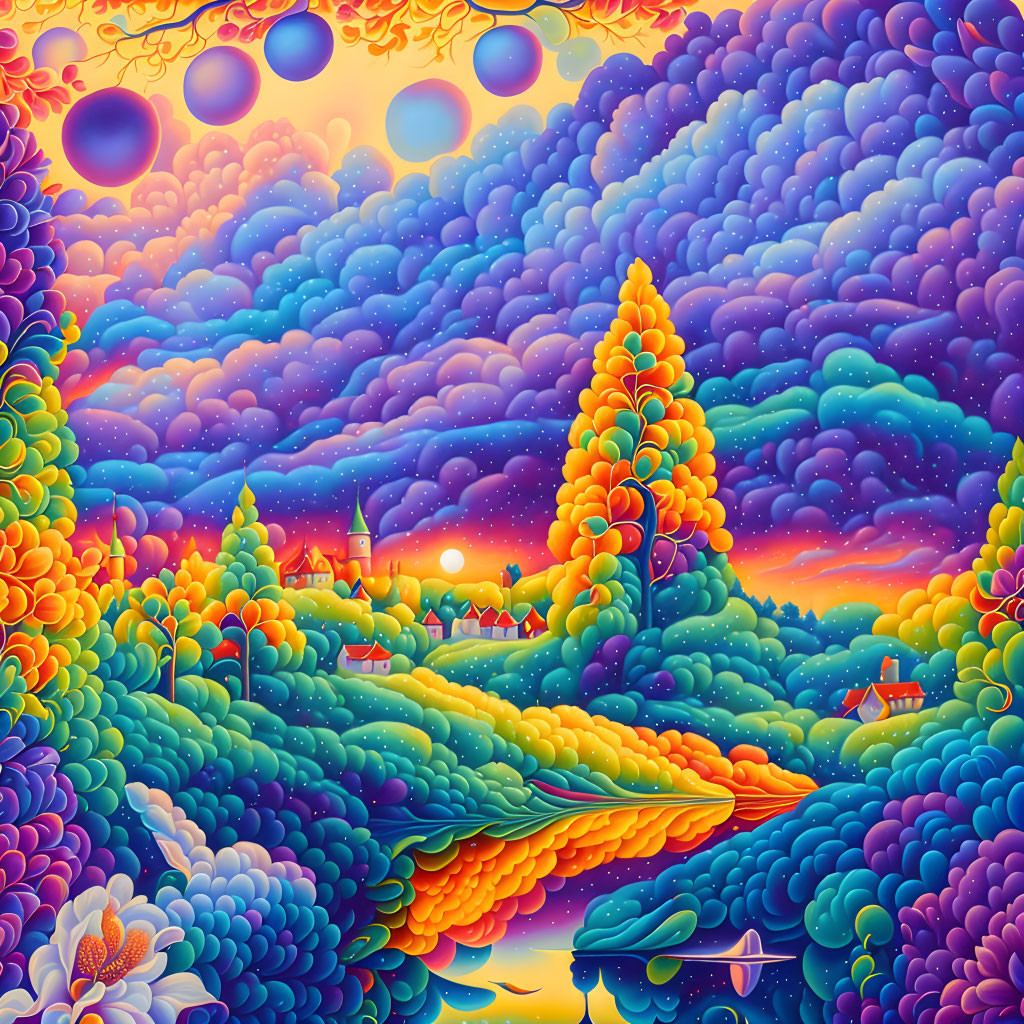 Colorful surreal landscape with central tree and floating orbs