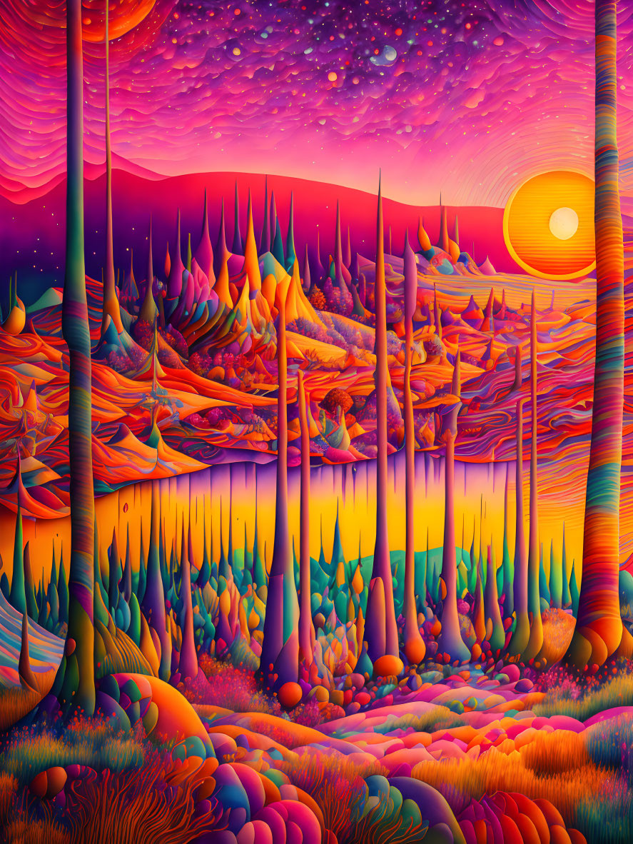 Colorful, layered hills and spiky formations in a psychedelic landscape