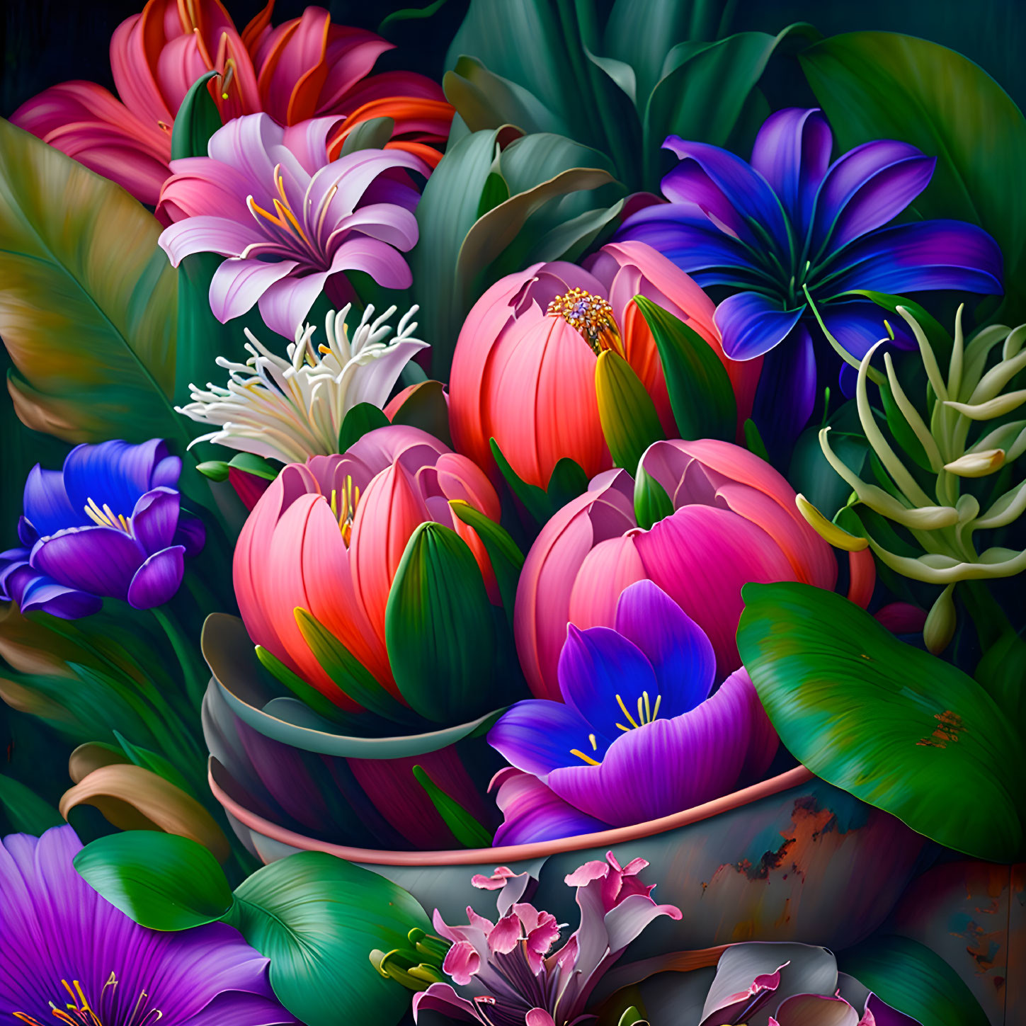 Colorful Tropical Flowers Digital Painting with Rich Foliage