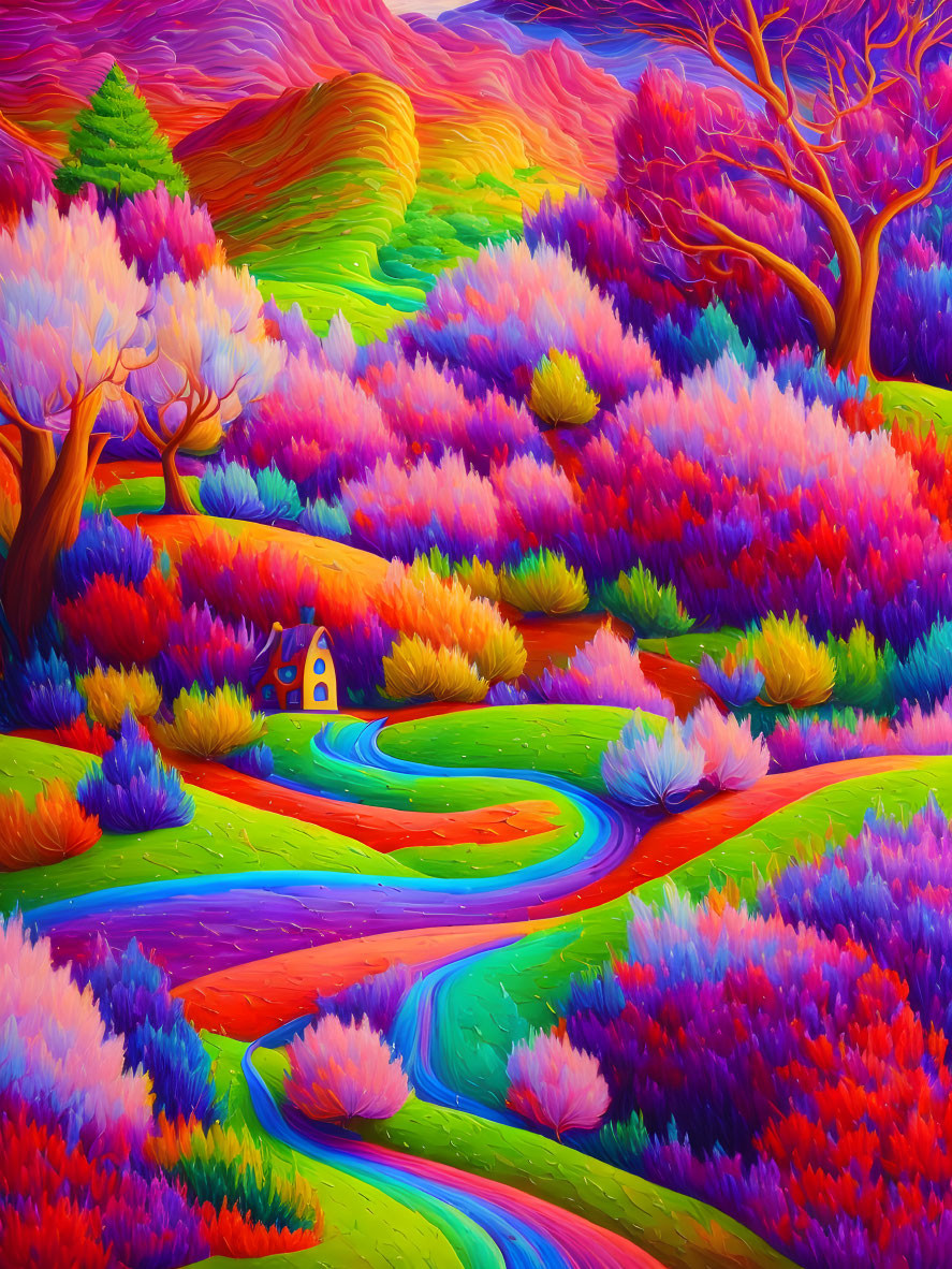 Colorful Landscape Painting with Whimsical Path and Flowers