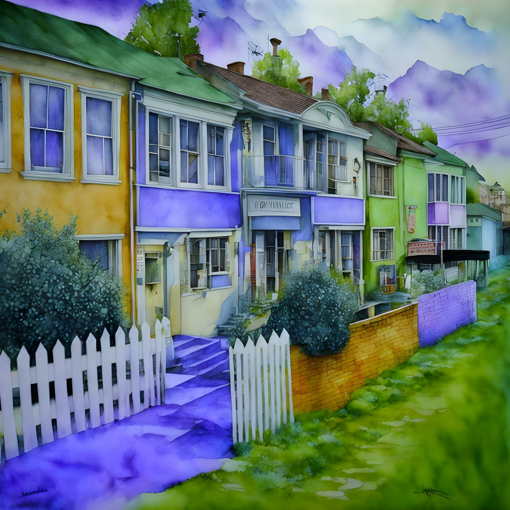 Colorful watercolor painting of charming street with lush greenery and picket fence