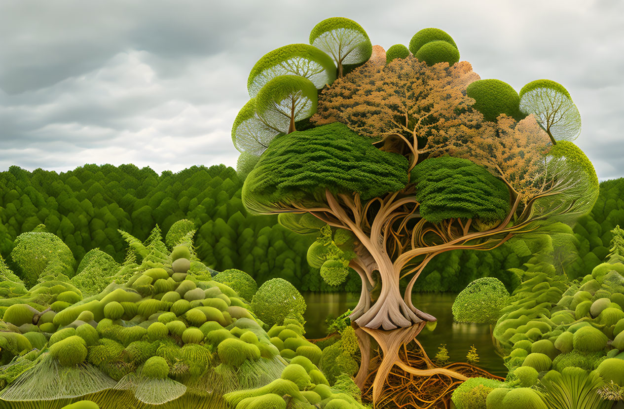 Whimsical tree illustration with lush canopy and exposed roots on green hills