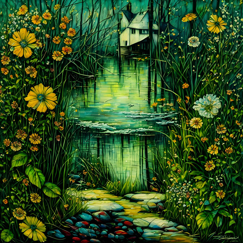 Colorful painting of whimsical cottage in lush greenery with pond and duck