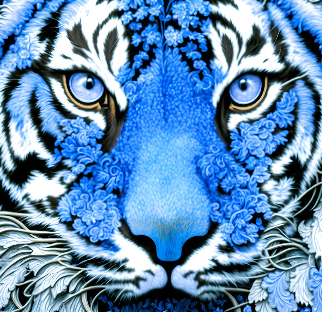 Tiger illustration with blue and white floral patterns and bright blue eyes