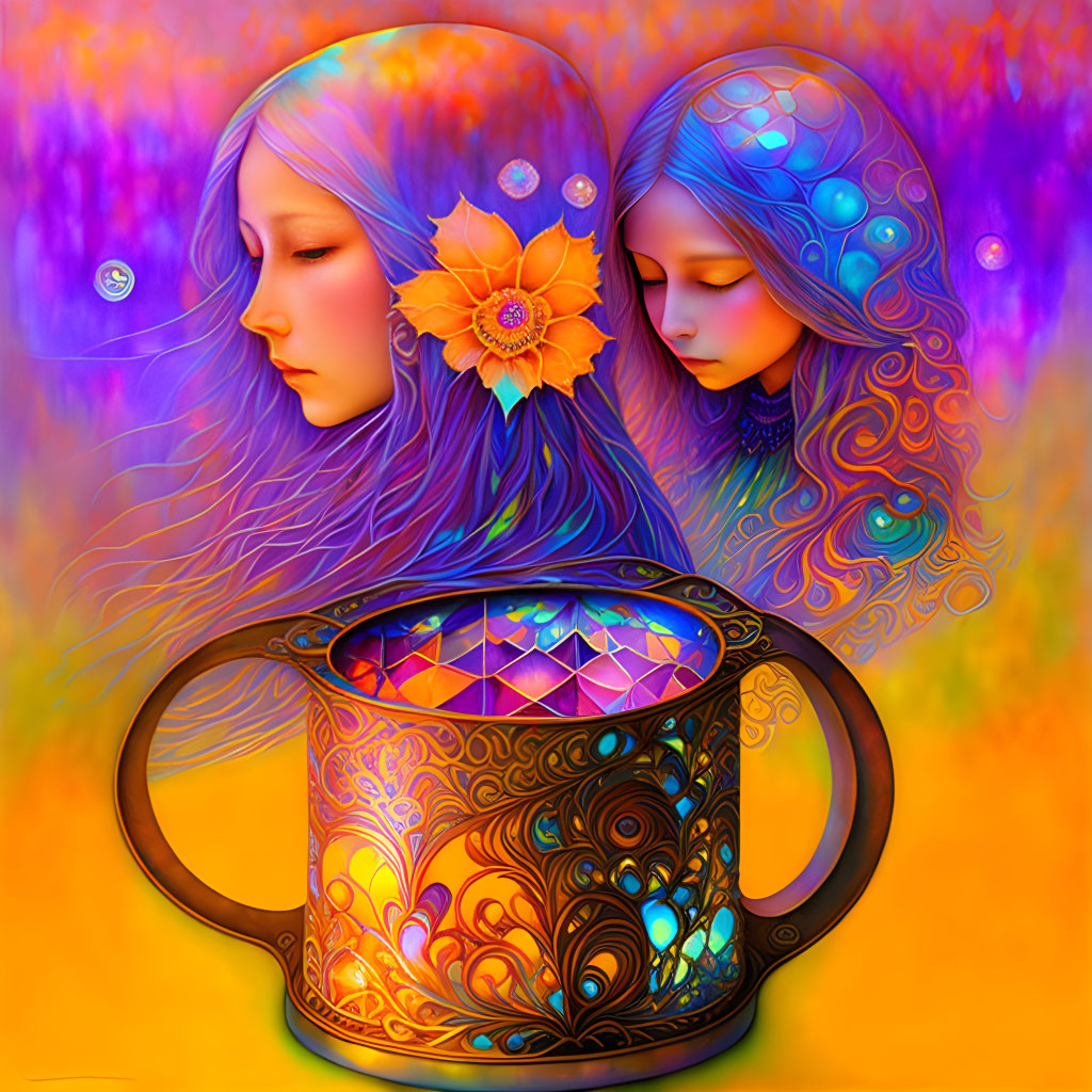 Colorful digital artwork: Two women with flowing hair and intricate patterns next to a decorative cup on vibrant