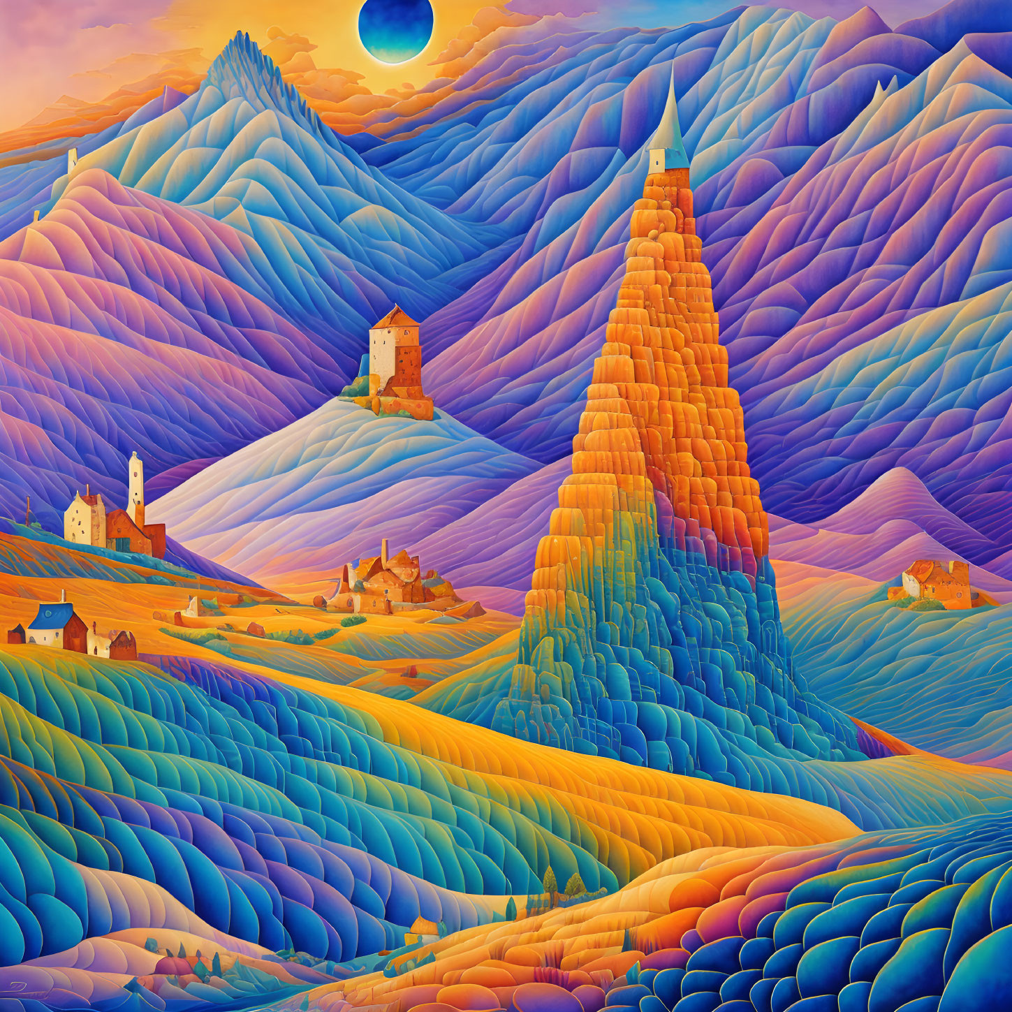 Colorful Stylized Painting of Surreal Landscape with Rolling Hills and Towers