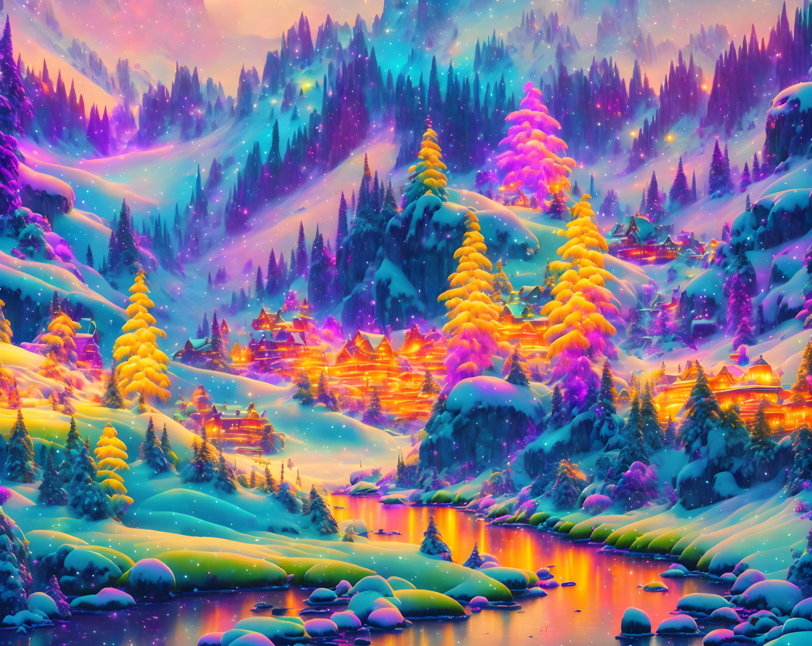 Colorful Winter Landscape: Snowy Trees, Glowing Village, Purple Sky