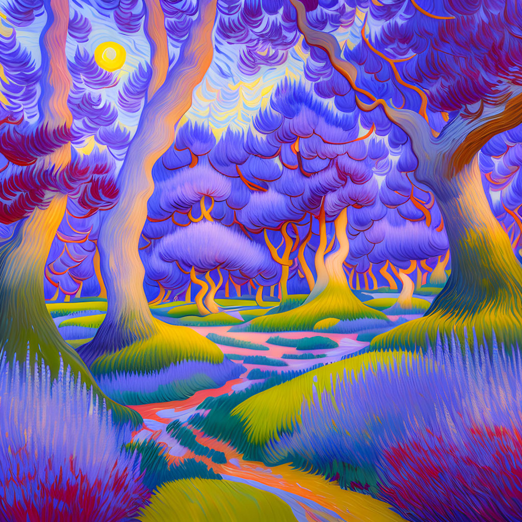 Surreal landscape with wavy blue and purple trees and a yellow sun