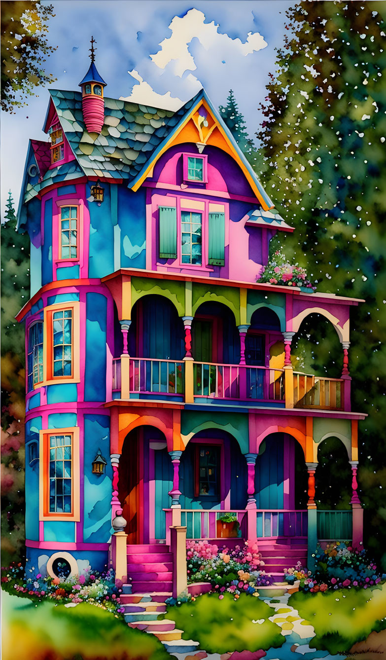 Whimsical three-story house illustration with colorful hues and lush greenery