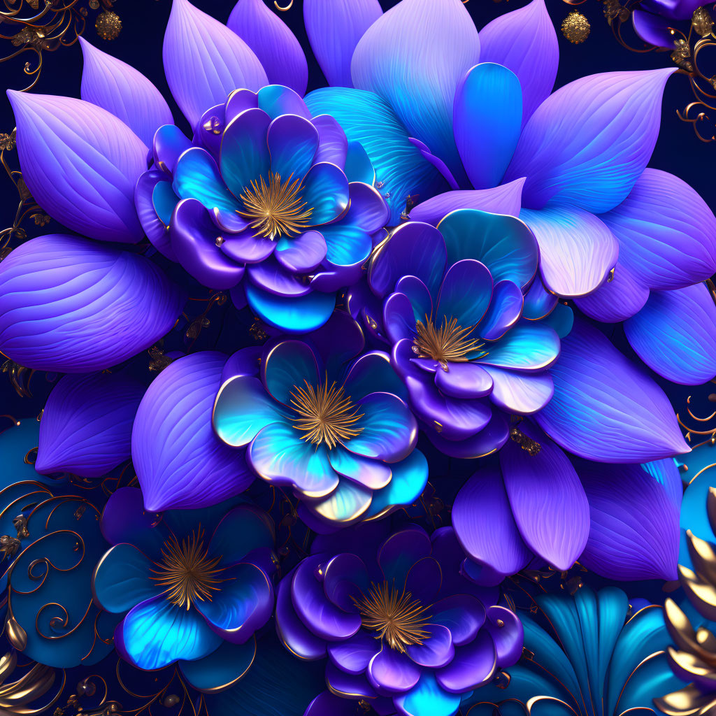 Colorful digital artwork: Purple and blue flowers with gold details on deep blue.