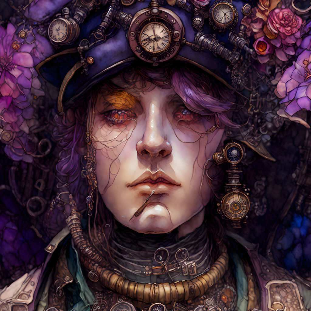 Steampunk-themed portrait with cog hat, goggles, and floral accents