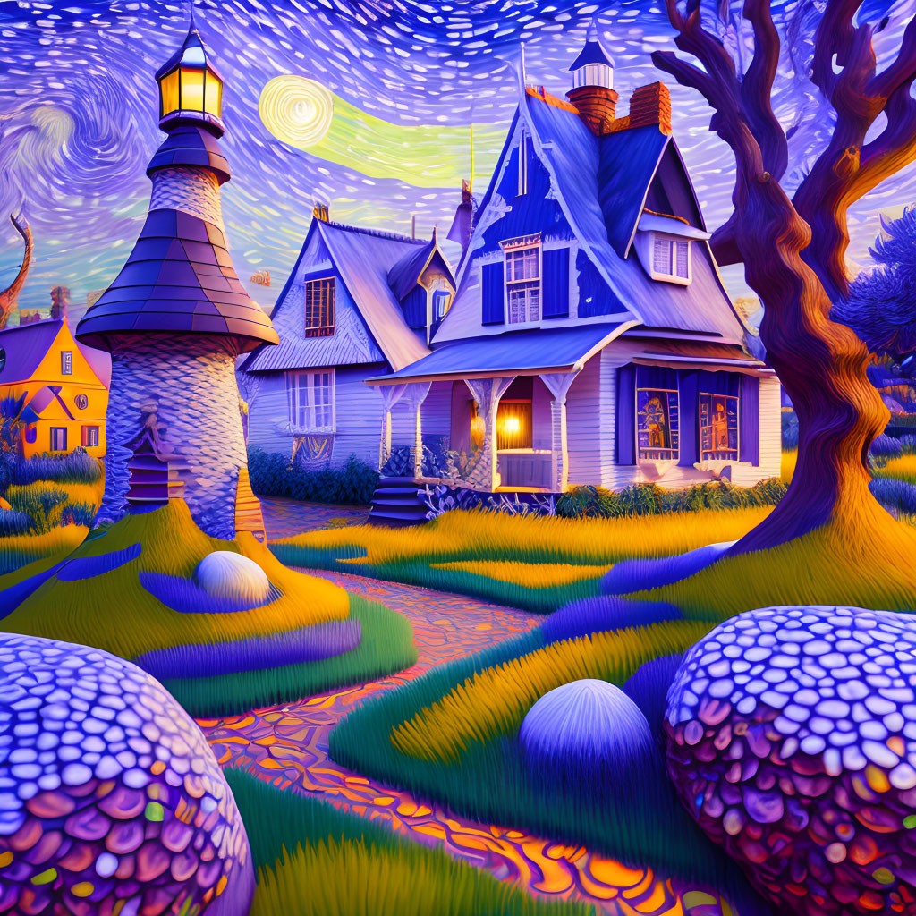 Victorian house and lighthouse in Starry Night-inspired twilight scene