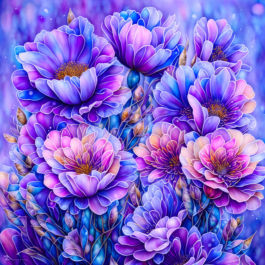 Colorful digital painting of purple and blue flowers on a soft violet background