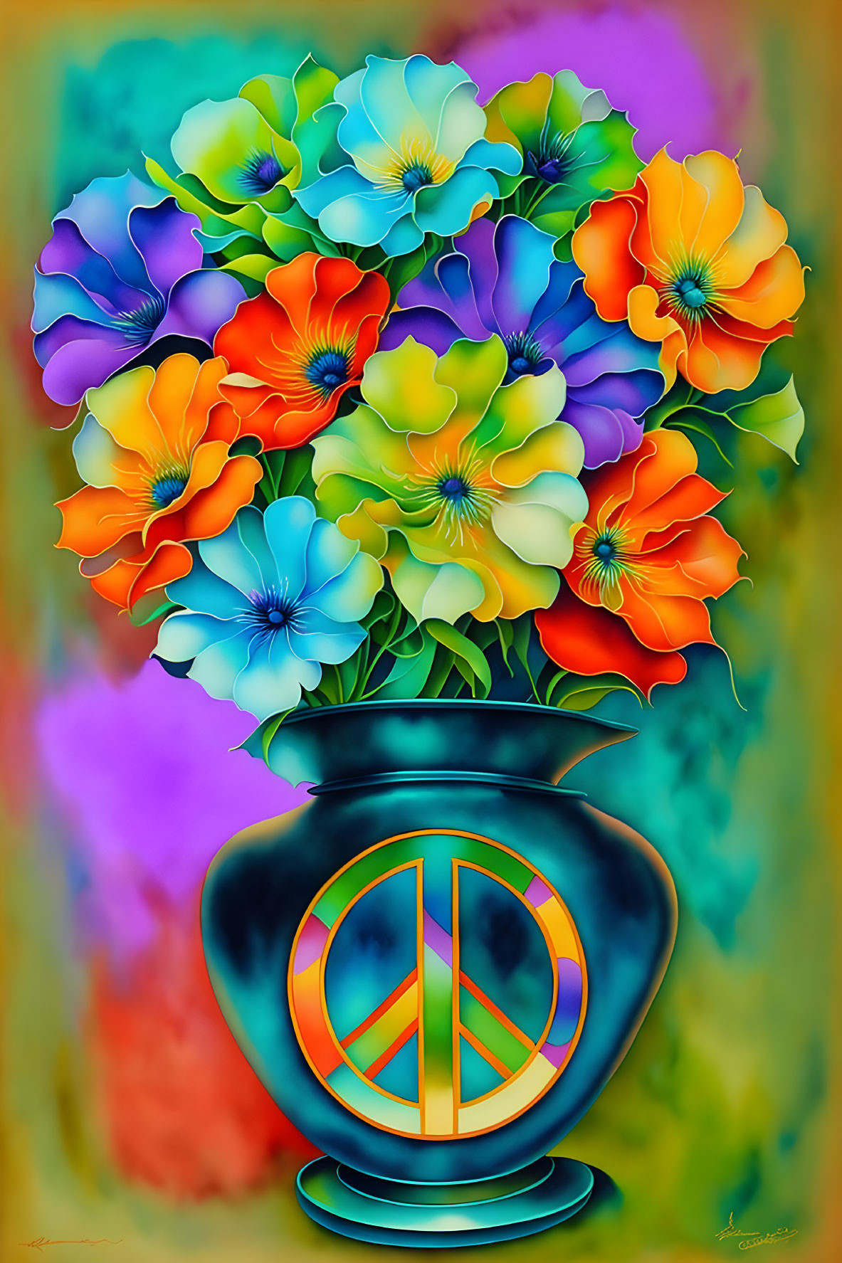 Colorful digital artwork: bouquet of stylized flowers with peace sign in vase