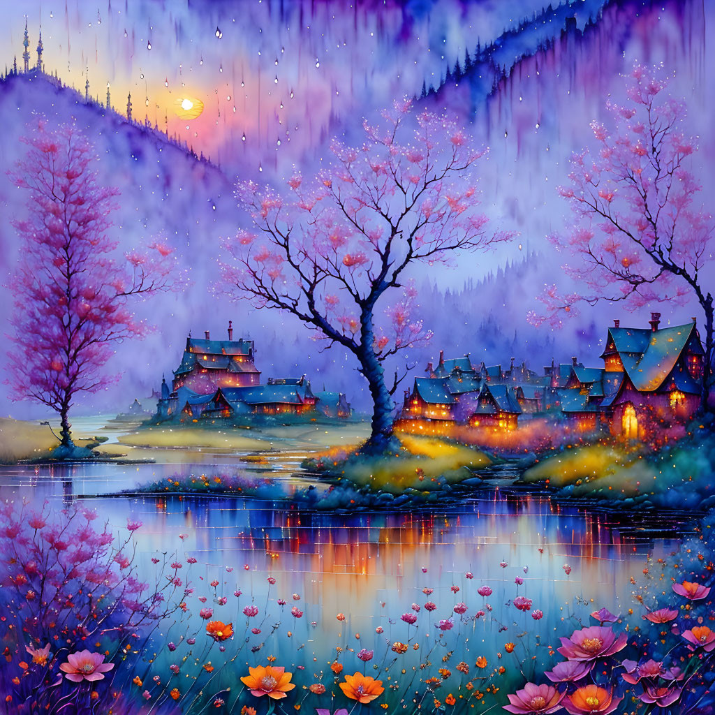 Vibrant twilight landscape with illuminated cottages and blooming trees