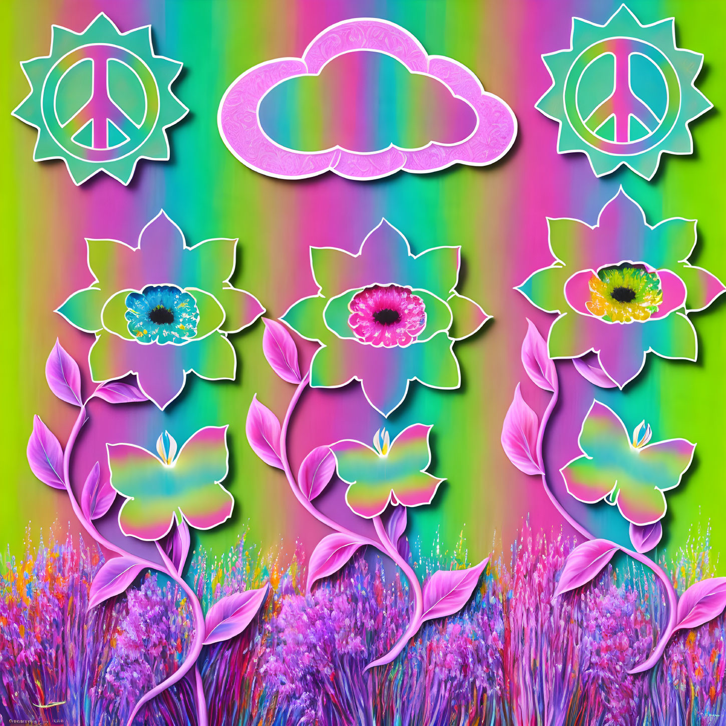 Colorful digital artwork with peace symbols, butterflies, and flowers on striped background.